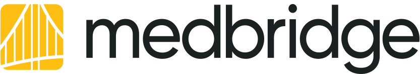 Medbridge logo with black text next to a yellow bridge-like graphic.